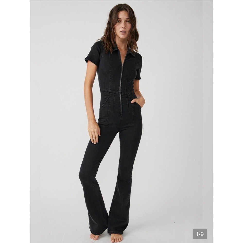 Free People We The Free Marci Denim Coverall Washed Black Flare Jumpsuit Size M